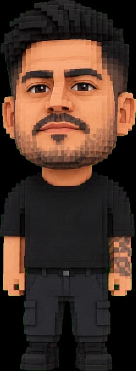 His voxel avatar, in the same black t-shirt and black trousers