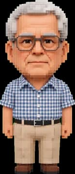 His voxel avatar in the same checked shirt and beige trousers