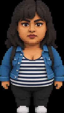 Her voxel avatar in the same striped top and denim jacket