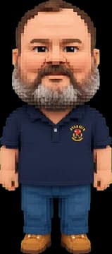 His voxel avatar in the same navy polo shirt and jeans
