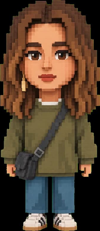 Her voxel avatar, in the same olive sweatshirt, jeans and white trainers