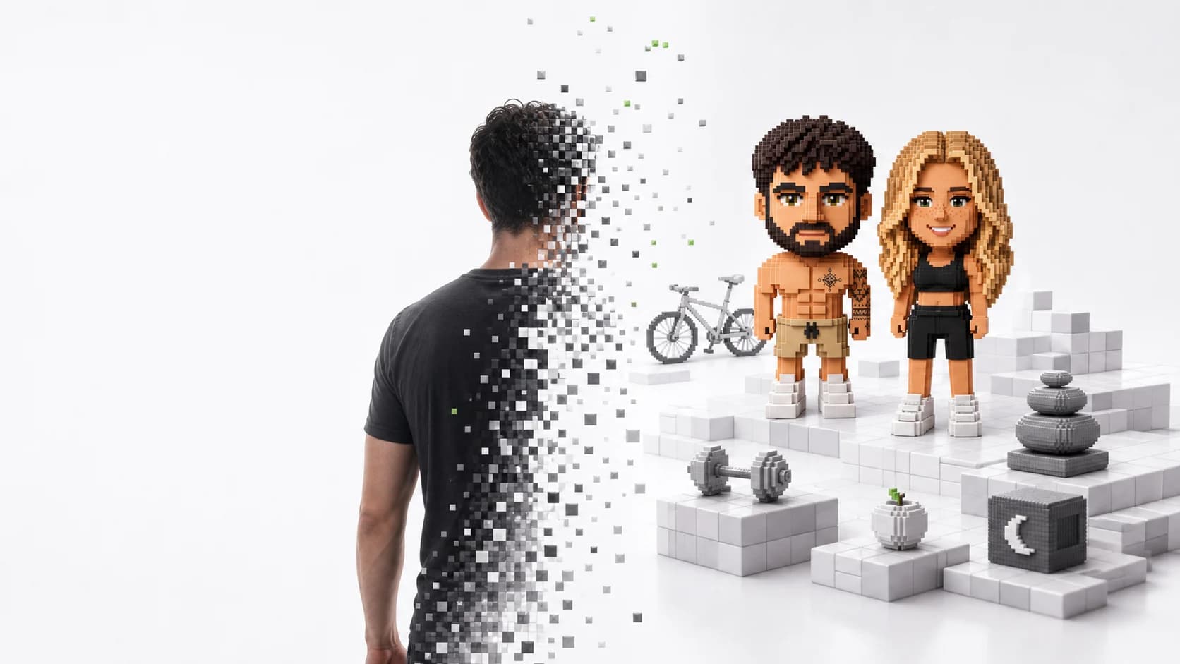 A person transforms through floating pixels into the One More Day voxel avatars Leone and Dione