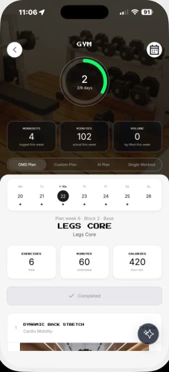 The current One More Day Gym plan screen on iPhone