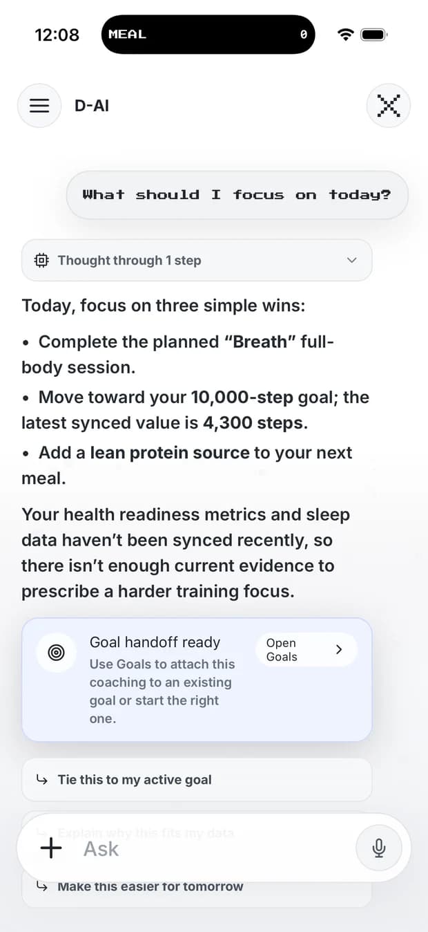 D-AI answering what to focus on today, citing the step count and saying what it cannot tell yet