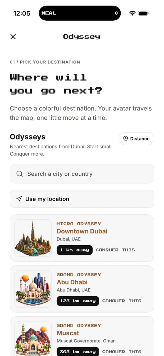 The destination picker asking where will you go next, with Dubai, Abu Dhabi and Muscat