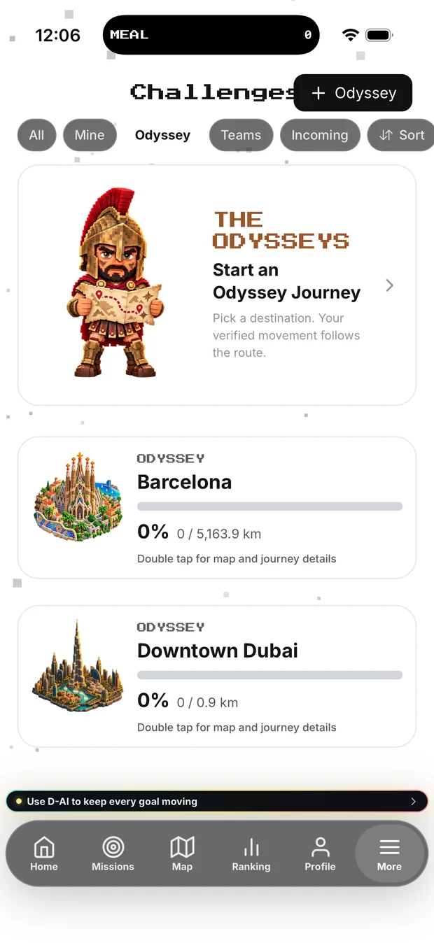 The Odyssey tab with two open journeys, Barcelona and Downtown Dubai