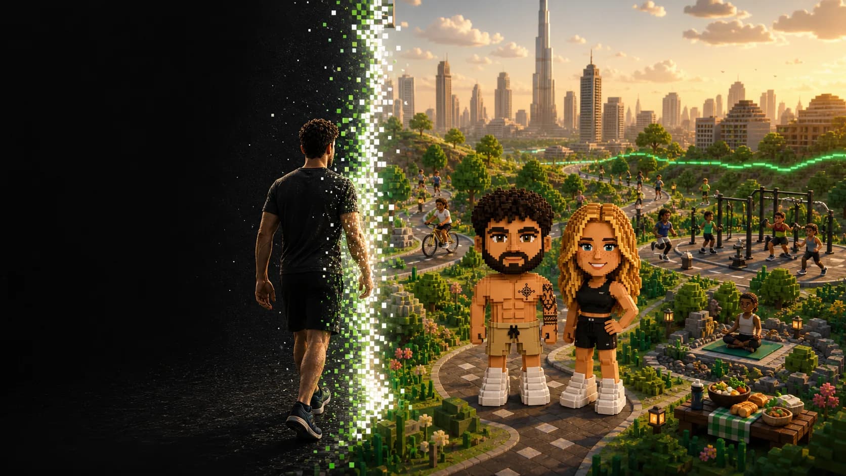 A person crossing from the real world into the One More Day voxel world