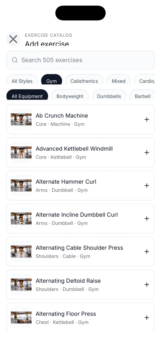 Exercise catalog — Gym filter