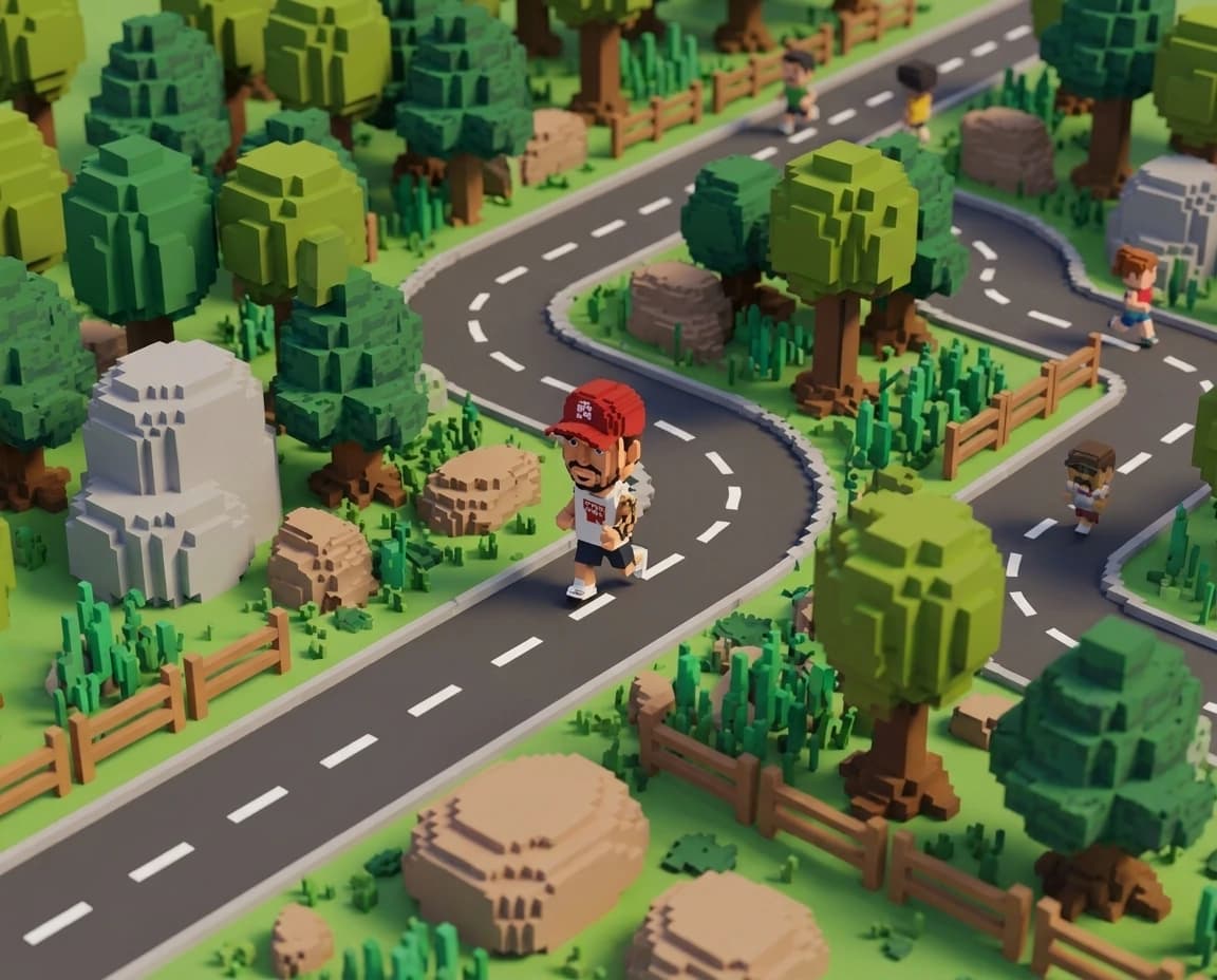 A winding route through a bright voxel park